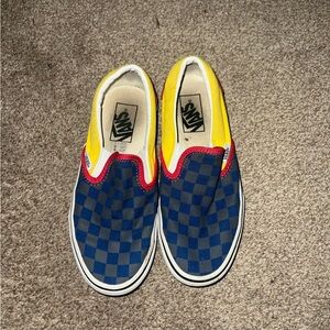 Vans Navy Blue and Yellow Checkerboard Slip-On Sneakers